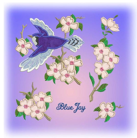 Blue Jay in Dogwood | Bird Embroidery Design