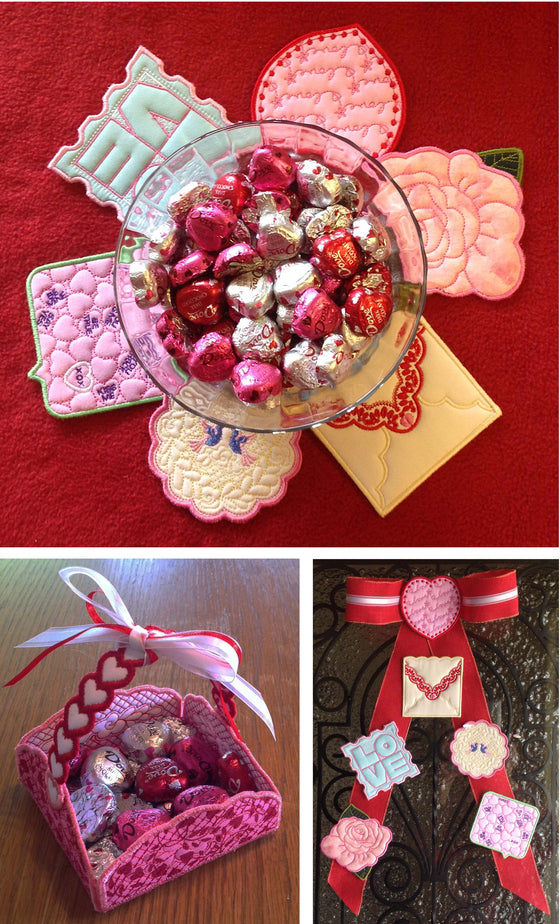 Valentine Minute Coasters | Machine Embroidery Mug Rug 3
